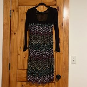 Dress, Fever, mesh/knit. See thru sleeves, lined dress.